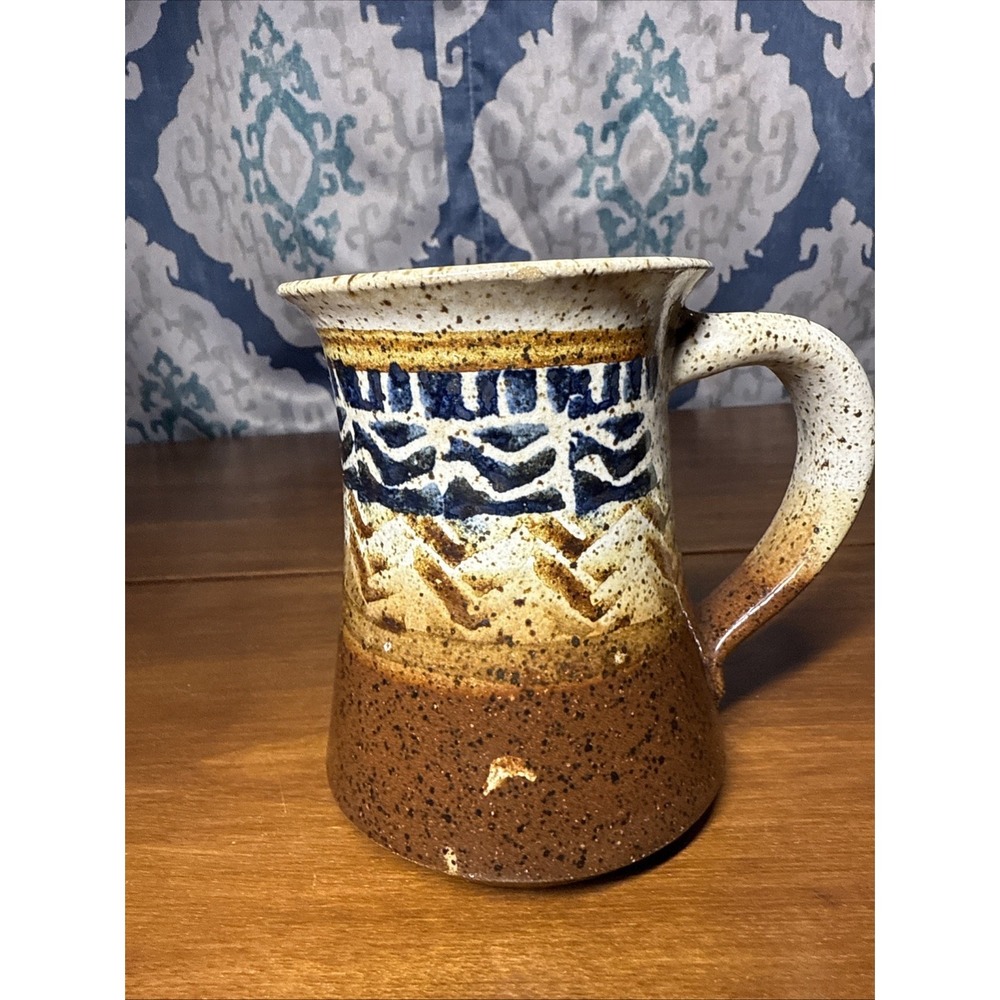 Vintage Pottery Mug Handmade Blue, Bown‎ Cream Colors.